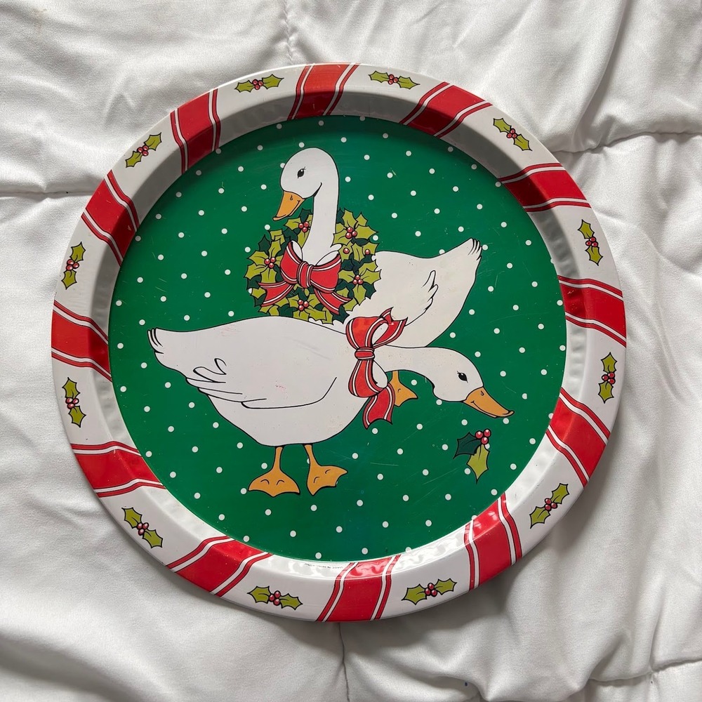 Vintage 80s Christmas Goose Metal Serving Tray Red Green Candy Cane Hong Kong